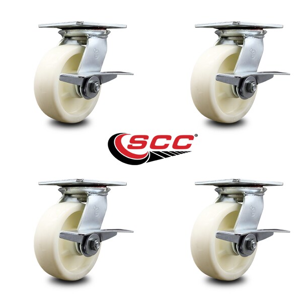 6 Inch Heavy Duty Nylon Caster Set With Roller Bearings And Brakes SCC